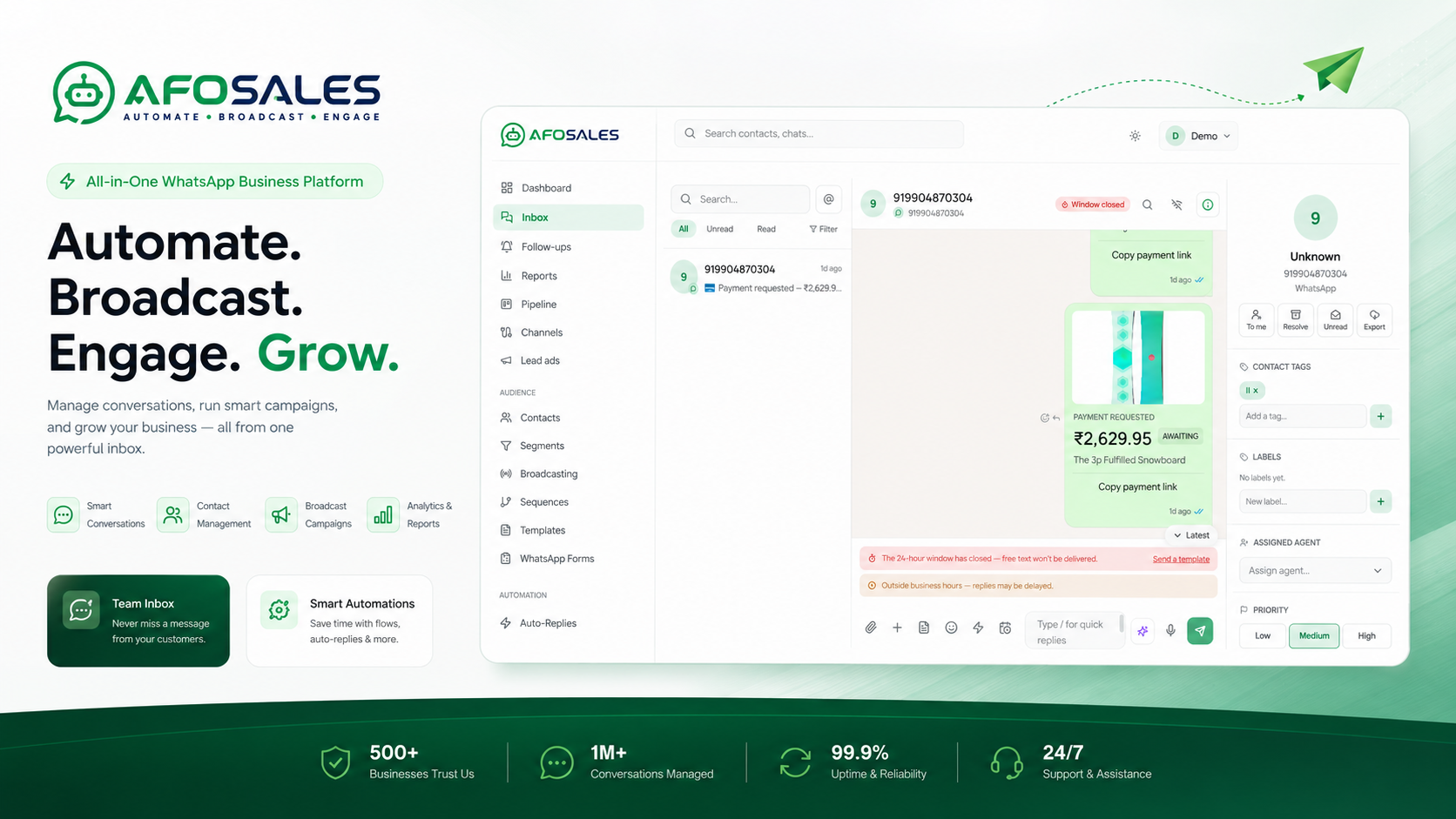 AFOSALES WhatsApp Business API shared team inbox and chatbot flow builder